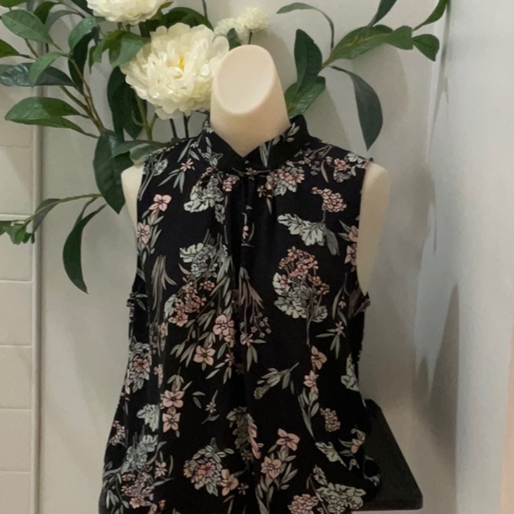 LOFT Black and White Tie Front Blouse with Mandarin Collar